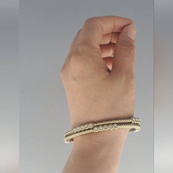 Goldtone Green Triangle Earrings, Goldtone Bangles and Goldtone Ring - Picture 6 of 12